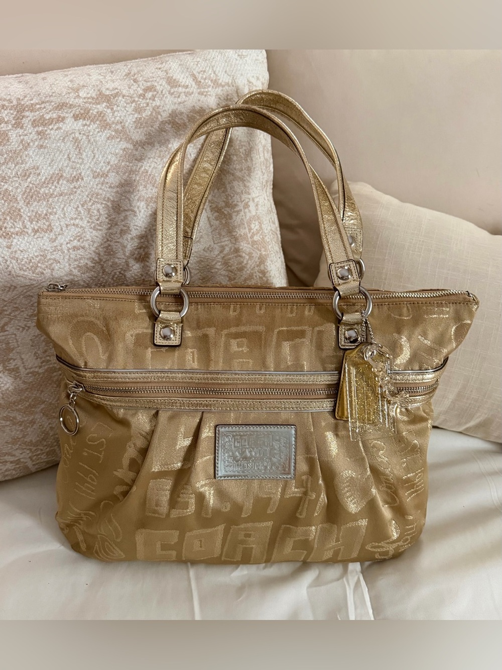 Coach Poppy Series Gold Logo Nylon Tote Bag Women's Authentic